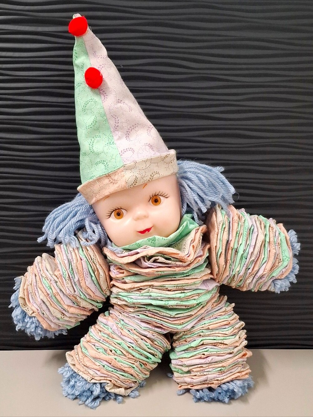 VTG 1960s Yoyo Clown Doll Round Fabric Pom Pom Hands Feet Plastic Face